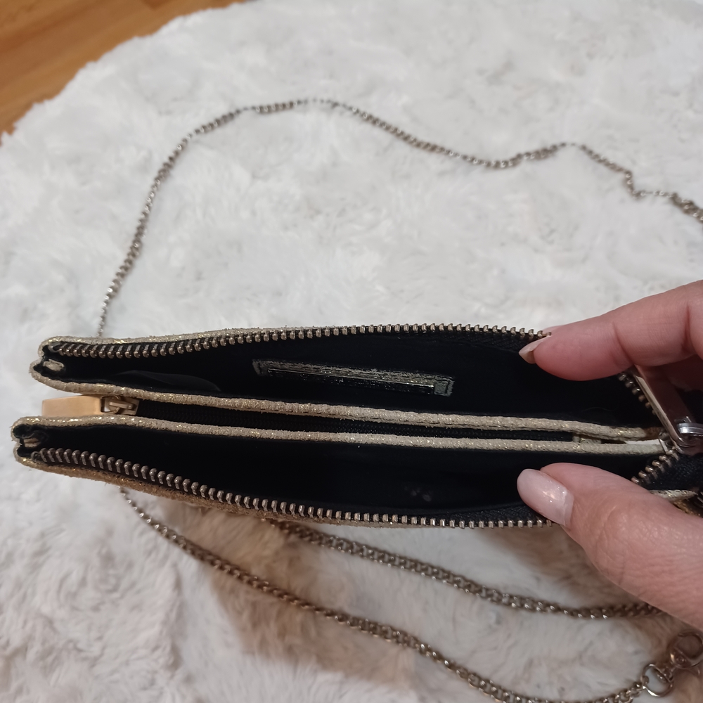 Gold Evening Leather Clutch With Silver Chain Strap - Picture 2 of 7